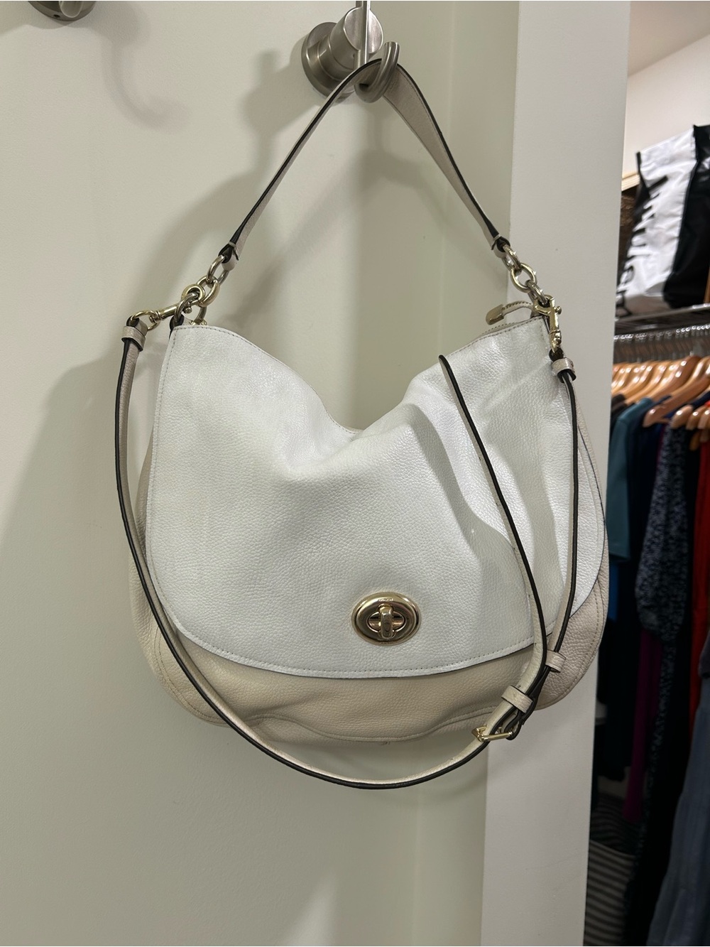 White and Cream Leather Hobo Bag with Turn-Lock Closure